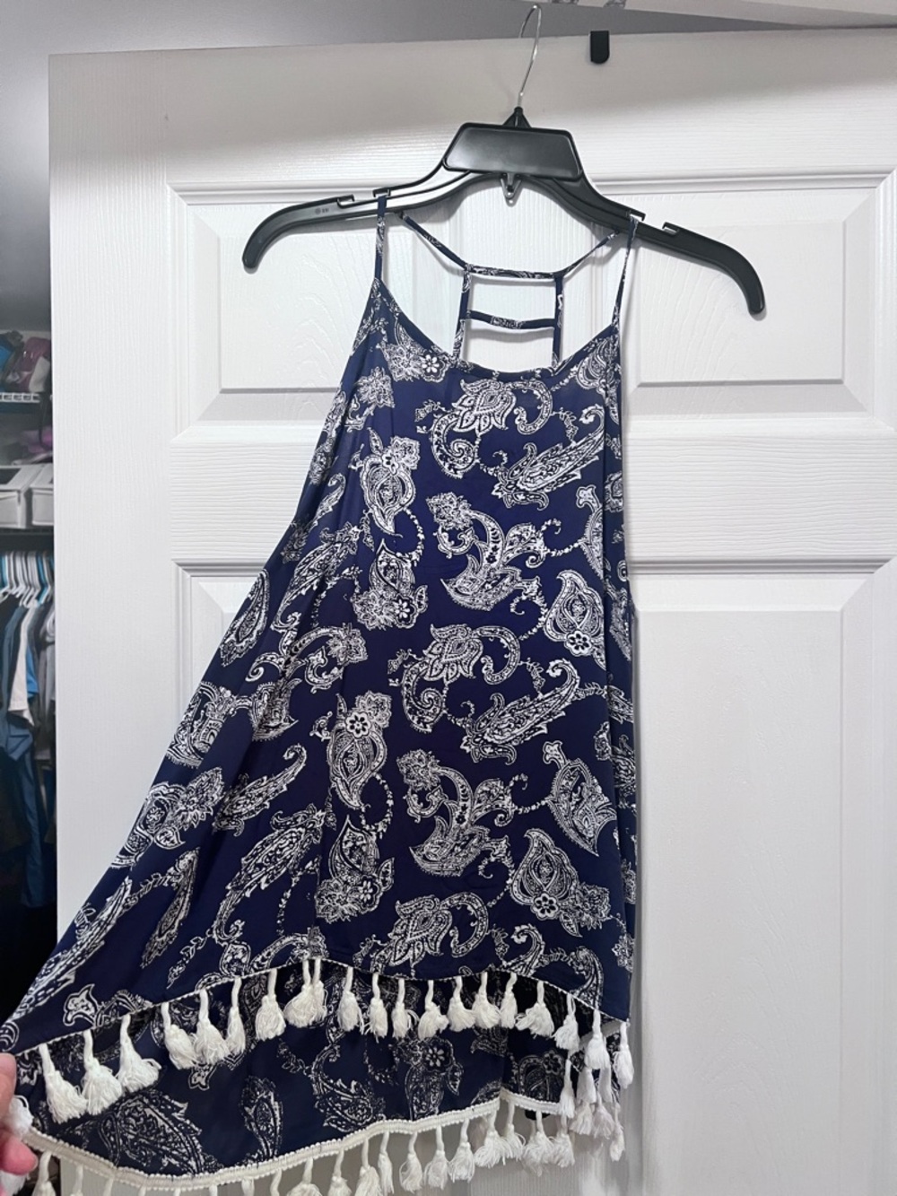 Red Camel Navy Blue Paisley Tassel-Trim Tank Top